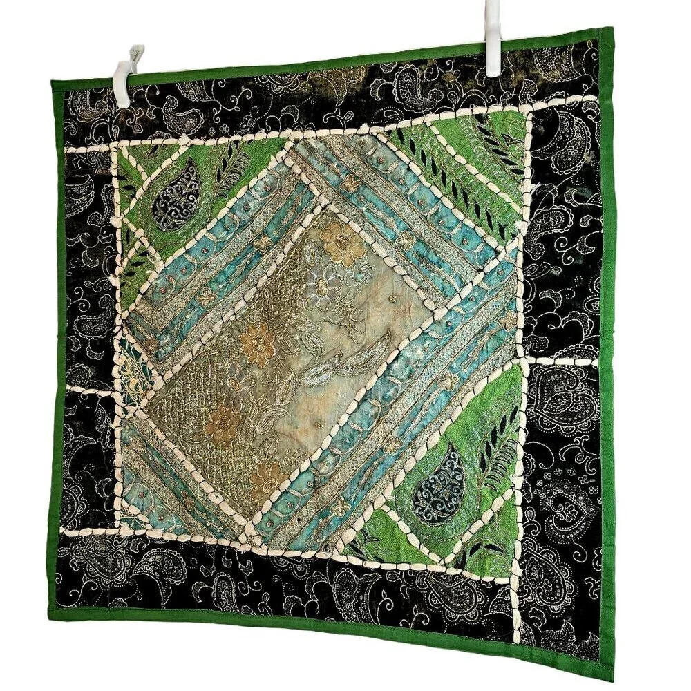 Boho Sari Patchwork Beaded Pillow Covers 26” Sq Velvet Trim – Repurpose Fabric